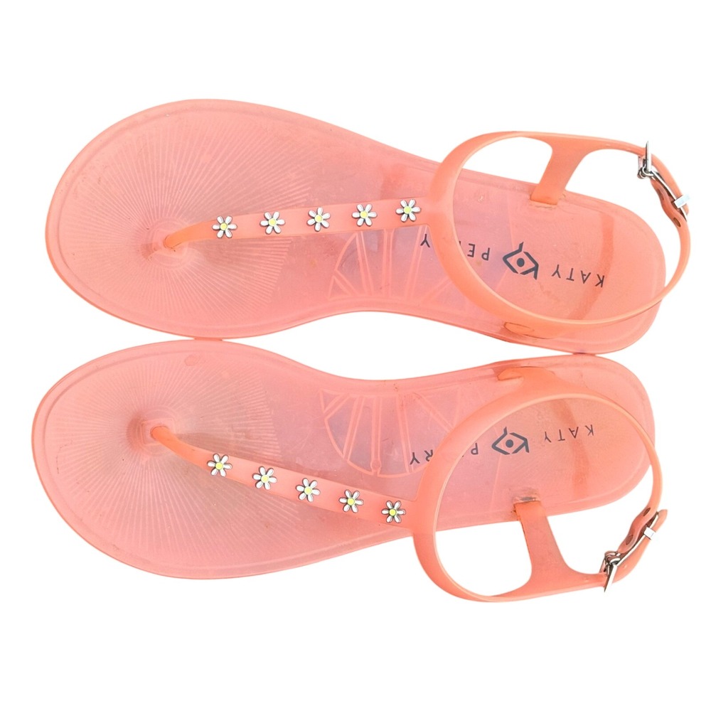 Katy Perry Geli Daisy Jelly Sandals Coral Orange T-Strap Flat Shoes EUC Womens 9 - Picture 3 of 3